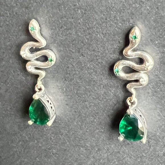 Sterling Silver Year of the Snake Drop Earrings w/Green Gemstone - Picture 5 of 5